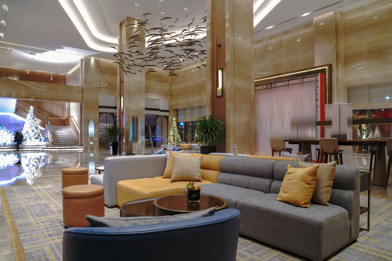 Hotel lobby interior for an article on boutique hotel design.